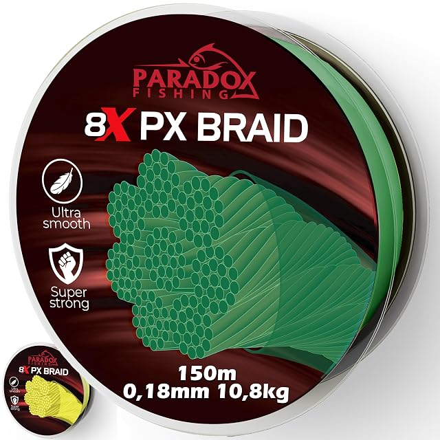 Línea trenzada Paradox Fishing 8X PX verde camuflaje de ocho hebras, 150 m