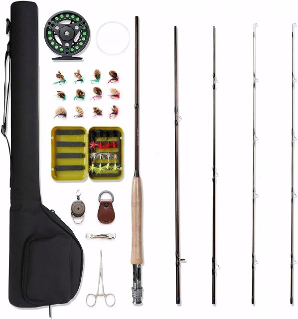 Equipo de iniciación NetAngler con caña de mosca de cuatro tramos, carrete y juego de moscas