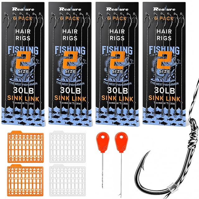 Juego de treinta hair rigs de carpa Realure con agujas de cebado y topes