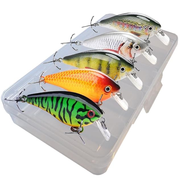 Juego de cinco crankbaits Perch’n Pike en una caja