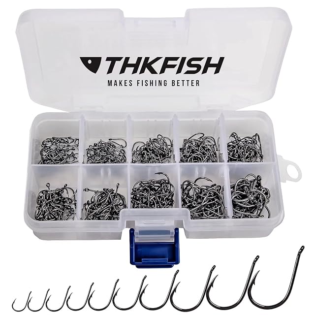 Juego de 500 anzuelos de pesca THKFISH en diez tallas con caja de compartimentos