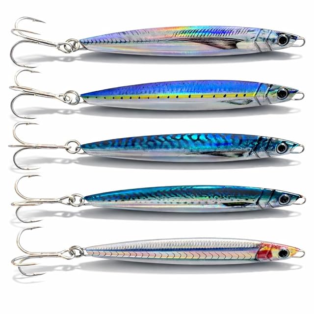 Costa Marina cinco jigs de costa de metal de 40 g con acabado holográfico