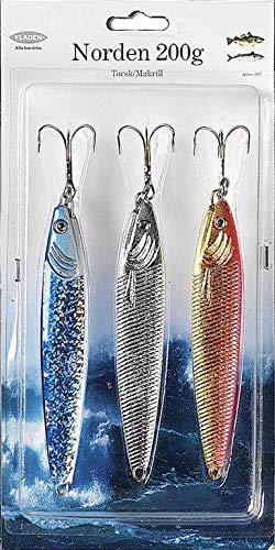 Fladen Norden pack de tres pilkers de 300 g en plata, oro-naranja y azul-plata