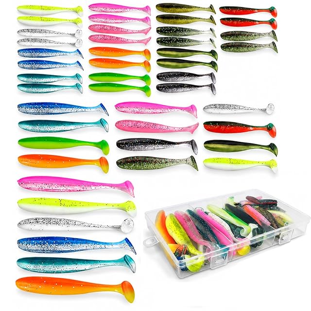Juego de 46 shads blandos Lechengjia en tres tallas con caja de guardado